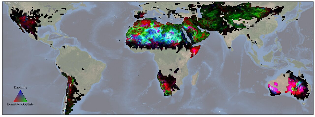 



NASA’s EMIT produced its first global maps of hematite, goethite, and kaolinite in Earth’s dry regions using data from the year ending November 2023. The mission collected billions of measurements of the three minerals and seven others that may affect climate when lofted into the air as dust storms.

Credit: NASA/JPL-Caltech 

Full Image Details 

