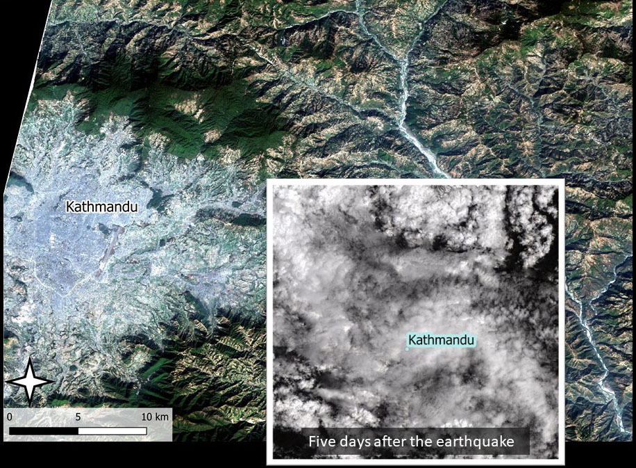 Nepal by satellite, with and without clouds