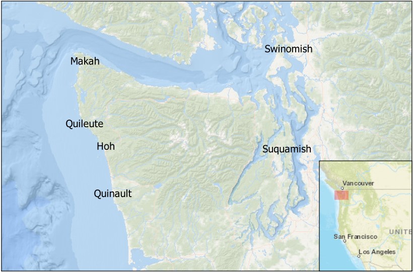 A map showing the current locations of Native tribes along the ocean coastline of Washington State and the inlets