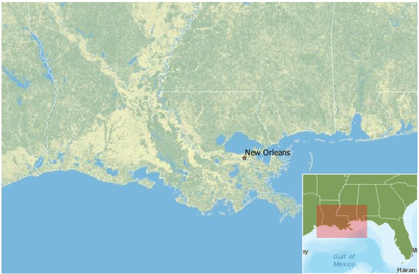A map that shows the southeast United States, and has a square around where the Delta-X study area is located