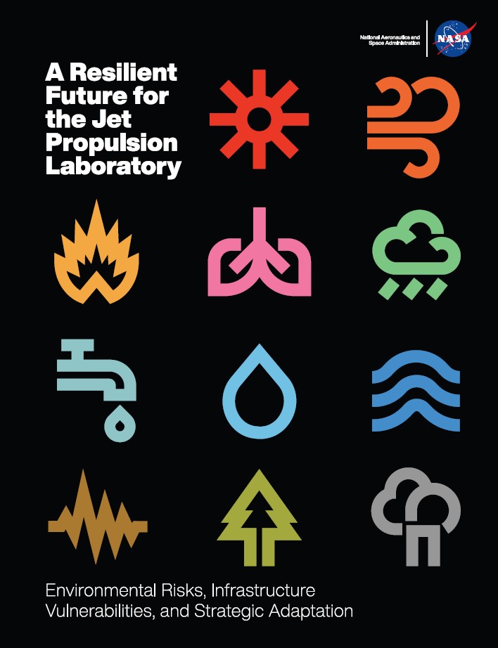 Cover of the report, with symbols representing wildfires, water, natural hazards, air quality, etc, to cover all the research areas the report explored.