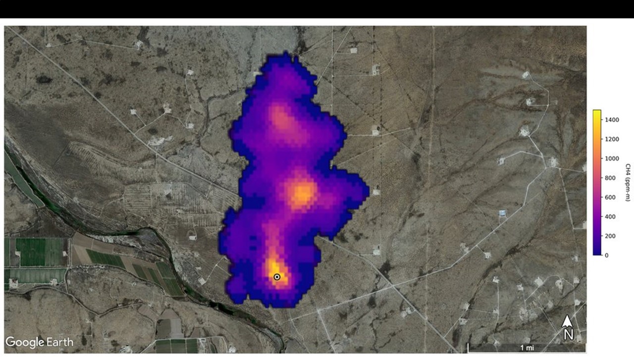 slide 2 - A methane plume, colored purple by the color bar, appears over a portion of satellite imagery of the Earth