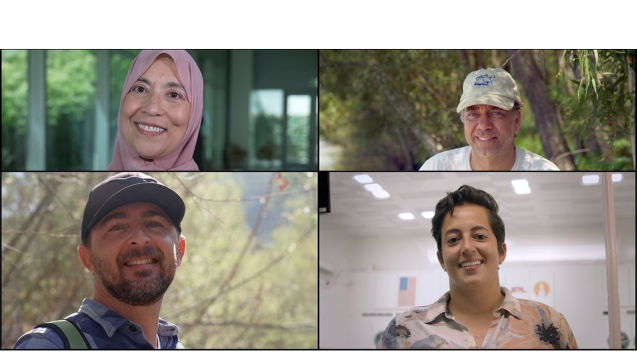 slide 1 - The headshots of four people being profiled; first, a woman in a pink hijab and polka dot shirt standing in a hall full of windows; second, a man with blue eyes, a baseball cap, white t-shirt and sunglasses hanging off the collar, sitting outside, presumably on a boat, with trees and just a bit of water visible; third, a man in a beard and a baseball cap with trees behind him; fourth, someone with short brown hair smiling at the camera in a room full of fluorescent lighting